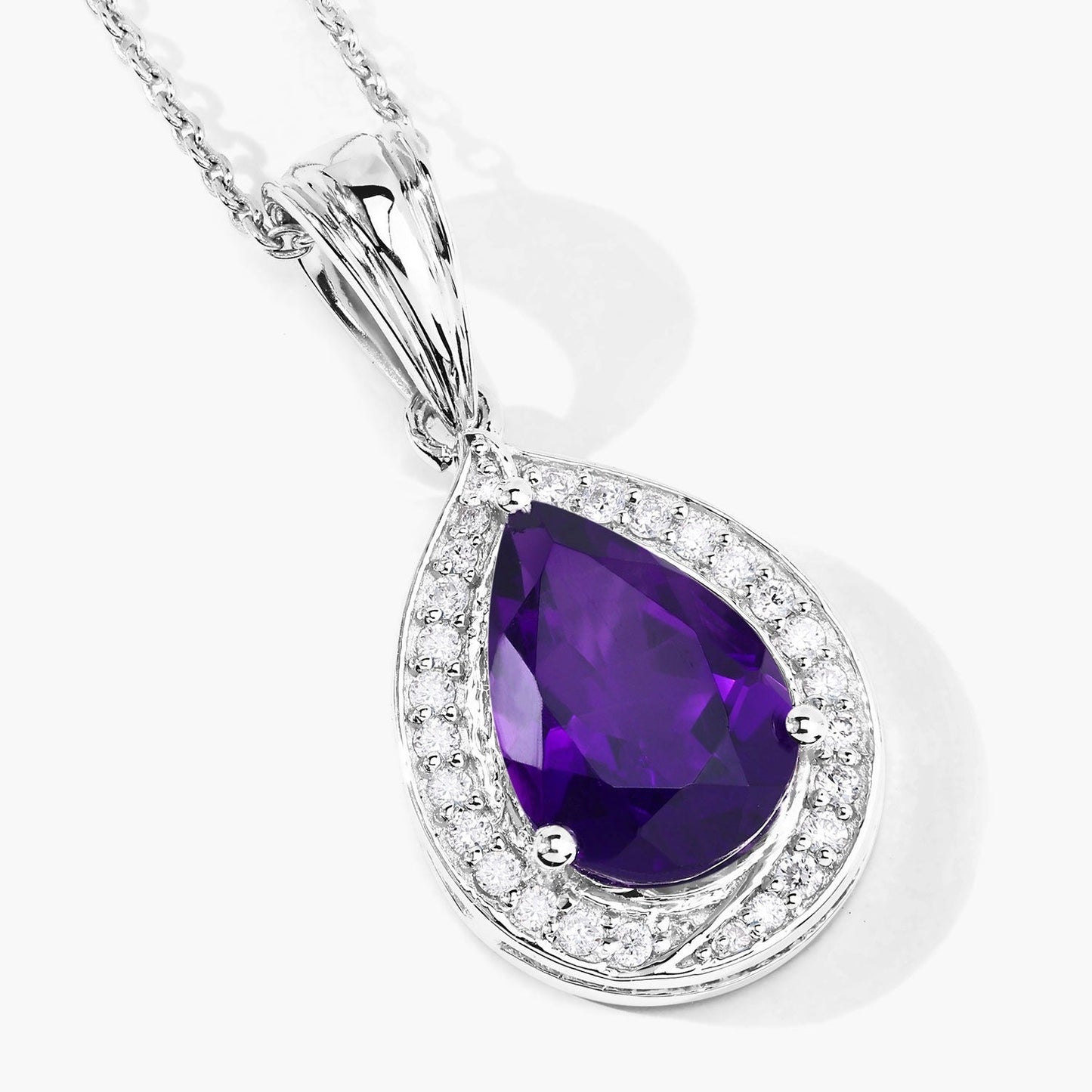 2.50 Ct Pear Purple Amethyst and Lab Diamond prong Silver Halo teardrop pendant Necklace
