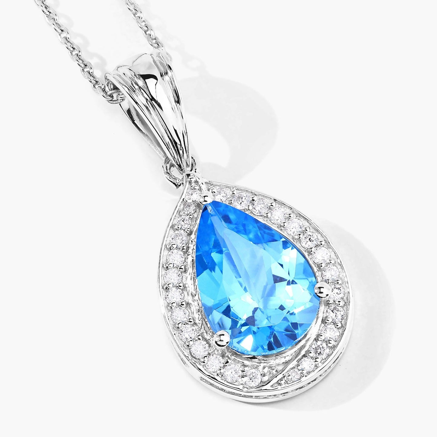 3.50 Ct Pear Swiss Blue Topaz and Lab Diamond prong Silver Halo teardrop pendant Necklace