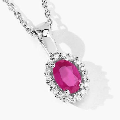 0.52 Ct oval pink Mozambique Ruby and Lab Diamond prong Silver Halo pendant Necklace