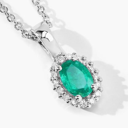 0.44 Ct oval green Zambian Emerald and Lab Diamond prong Silver Halo pendant Necklace