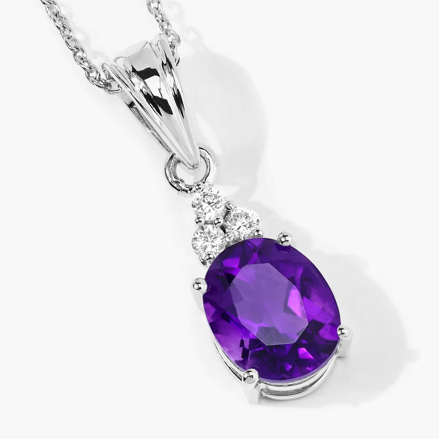 2.20 Ct oval purple Amethyst and Lab Diamond prong Silver Cocktail pendant Necklace