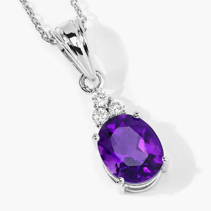 2.20 Ct oval purple Amethyst and Lab Diamond prong Silver Cocktail pendant Necklace