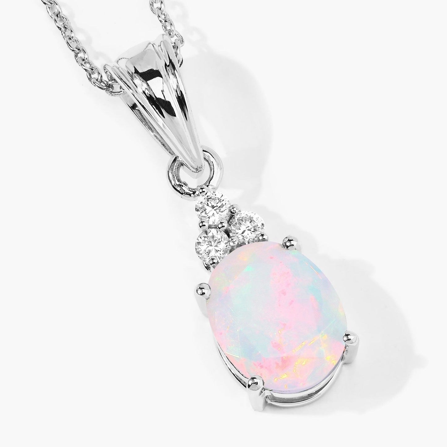 1.56 Ct oval white Ethiopian Opal and Lab Diamond prong Silver Cocktail pendant Necklace