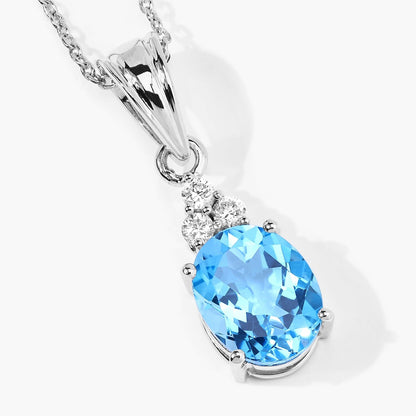 2.55 Ct oval Swiss Blue Topaz and Lab Diamond prong Silver Cocktail pendant Necklace