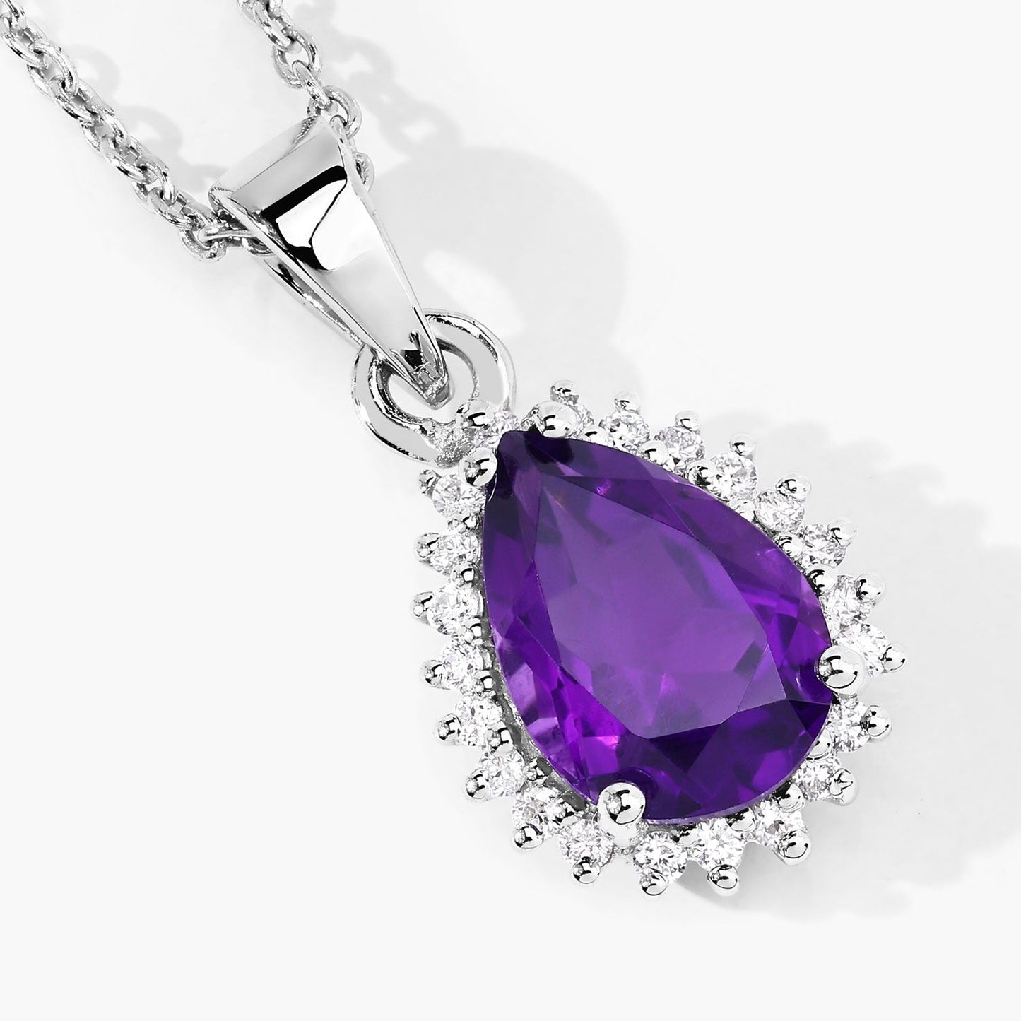 1.40 Ct pear purple Amethyst and Lab Diamond prong Silver Halo teardrop pendant Necklace