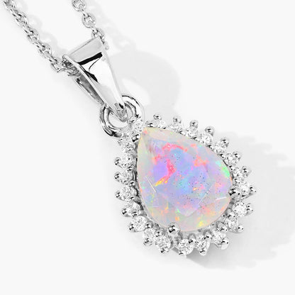 0.90 Ct pear white Ethiopian Opal and Lab Diamond prong Silver Halo teardrop pendant Necklace