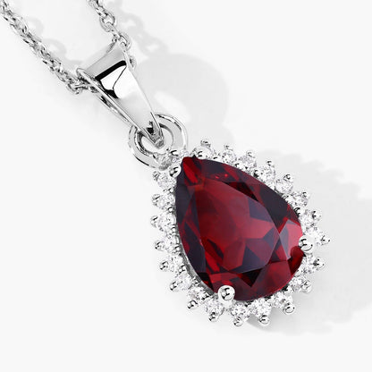 1.80 Ct pear red Mozambique Garnet and Lab Diamond prong Silver Halo teardrop pendant Necklace