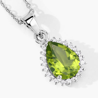 1.46 Ct pear green Peridot and Lab Diamond prong Silver Halo teardrop pendant Necklace