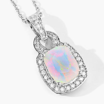 1 Ct cushion white Ethiopian Opal and Lab Diamond prong Silver Slide Pendant Necklace