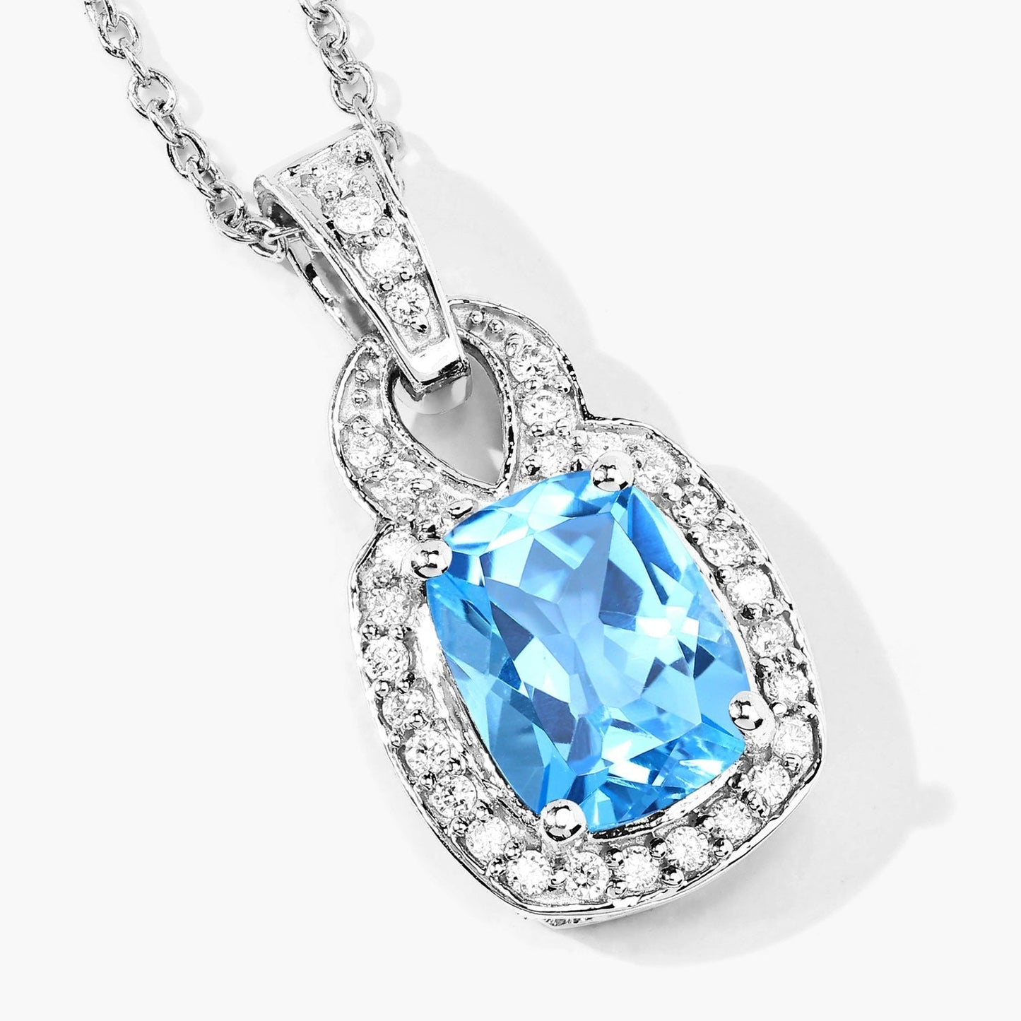 2.65 Ct cushion Swiss Blue Topaz and Lab Diamond prong Silver Slide Pendant Necklace