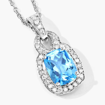 2.65 Ct cushion Swiss Blue Topaz and Lab Diamond prong Silver Slide Pendant Necklace