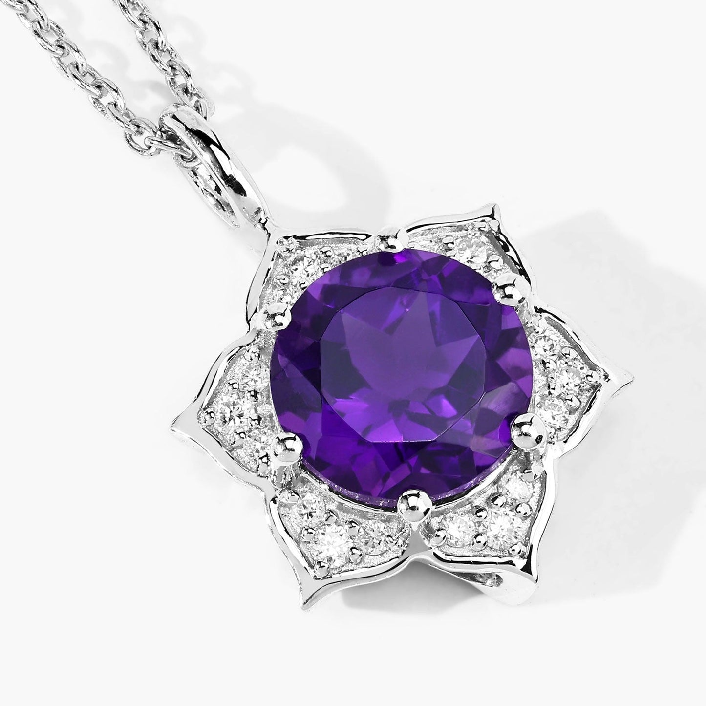 1.80 Ct round purple Amethyst and Lab Diamond prong Silver flower pendant Necklace