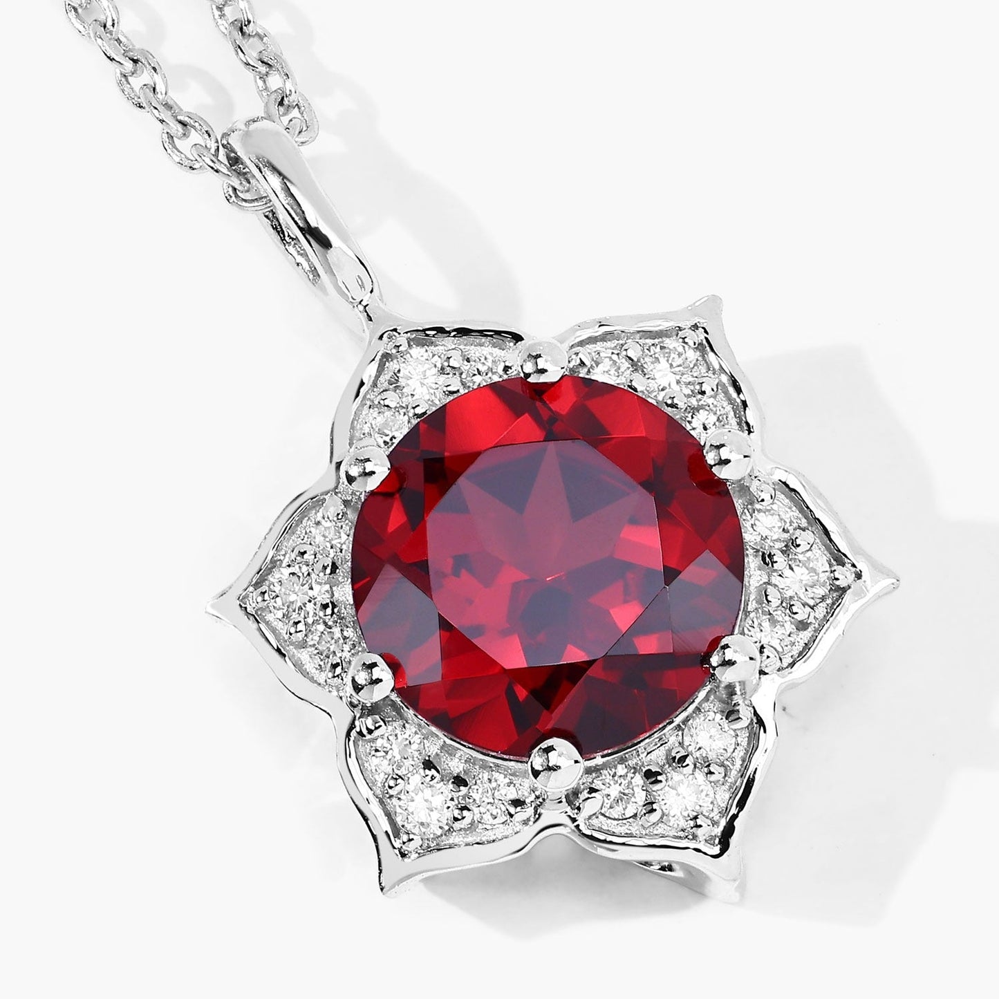 2.25 Ct round red Mozambique Garnet and Lab Diamond prong Silver flower pendant Necklace