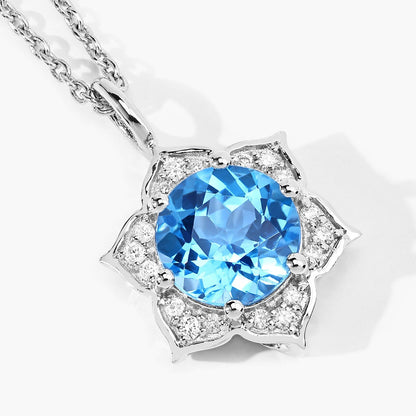 2.25 Ct round Swiss Blue Topaz and Lab Diamond prong Silver flower pendant Necklace
