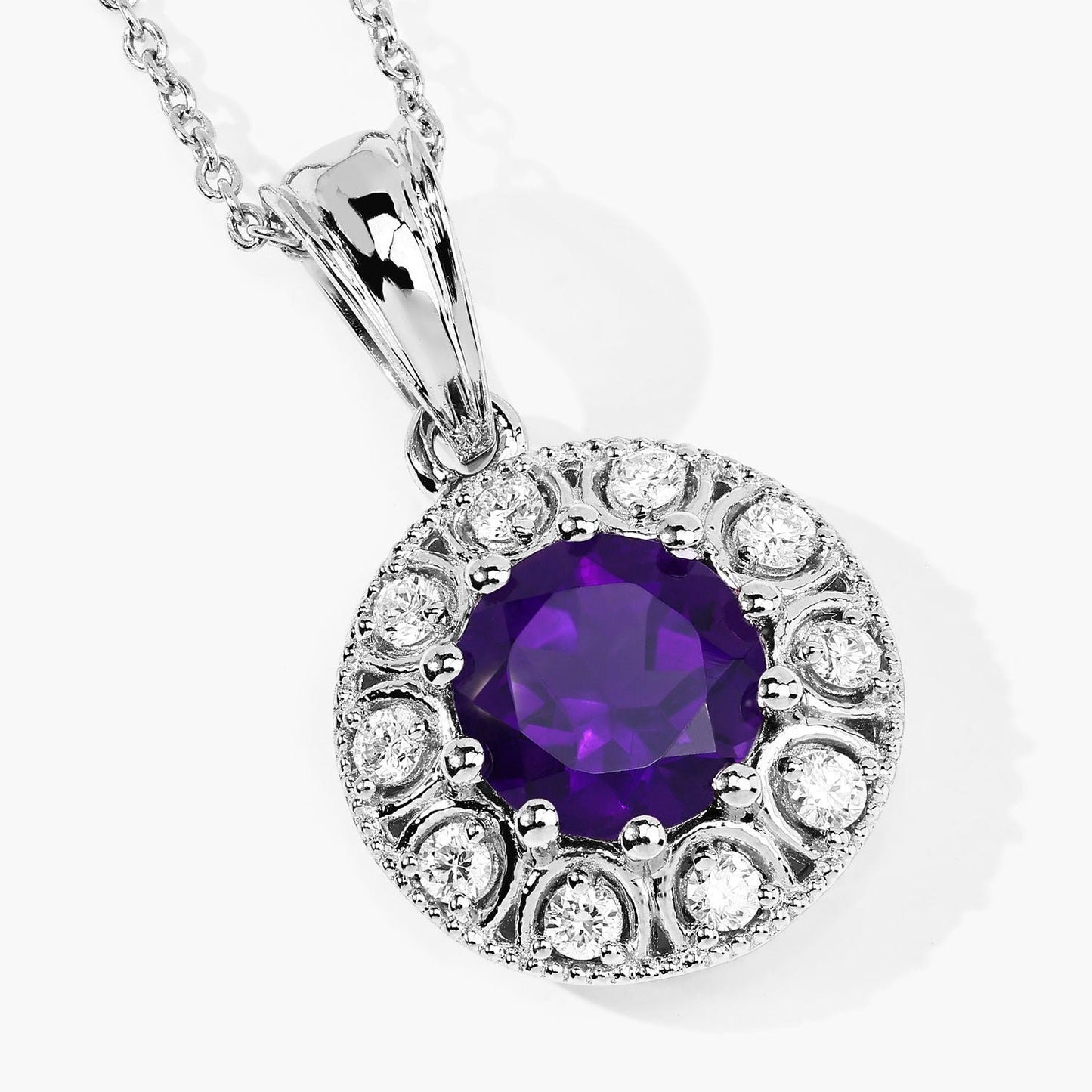 1.80 Ct round purple Amethyst and Lab Diamond prong Silver Halo pendant Necklace