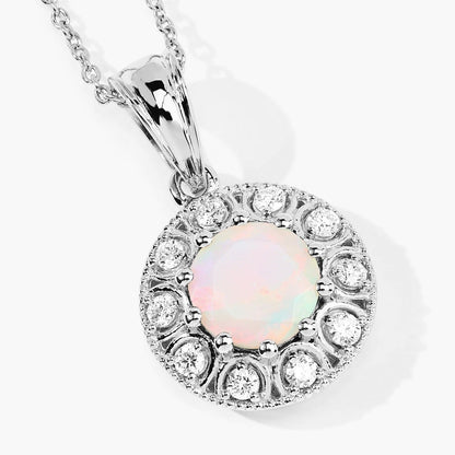 0.90 Ct round white Ethiopian Opal and Lab Diamond prong Silver Halo pendant Necklace