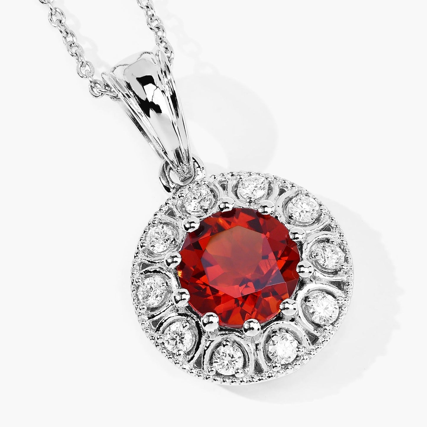 1.50 Ct round orange Madeira Citrine and Lab Diamond prong Silver Halo pendant Necklace