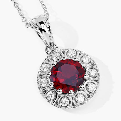 2.25 Ct round red Mozambique Garnet & Lab Diamond prong Silver Halo pendant Necklace