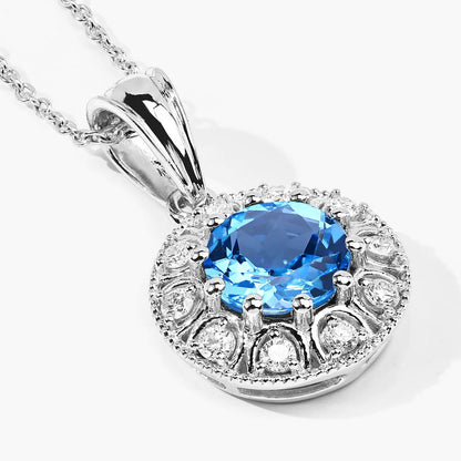 2.25 Ct round Swiss Blue Topaz & Lab Diamond prong Silver Halo pendant Necklace