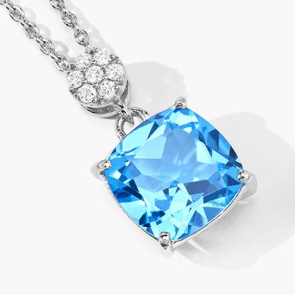 3.40 Ct Cushion Swiss Blue Topaz & Lab Diamond prong Silver Slide Pendant Necklace