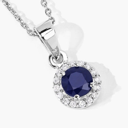 0.75 CTTW Round Blue Sapphire & Lab Diamond prong Silver Halo Pendant Necklace