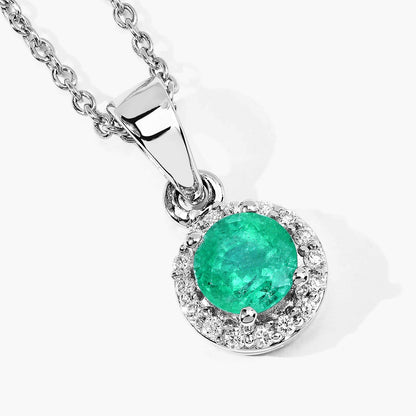 0.42 Ct Round Green Zambian Emerald & Lab Diamond Prong Silver Halo Pendant Necklace