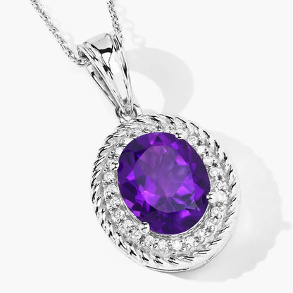 3.20 Ct Oval Purple Amethyst & Lab Diamond Prong Silver Oval Halo Pendant Necklace