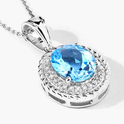 4 Ct Oval Swiss Blue Topaz & Lab Diamond Prong Silver Halo Pendant Necklace
