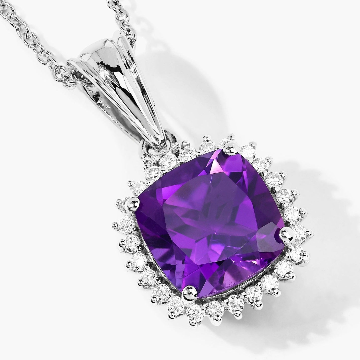 2.60 Ct Cushion Purple Amethyst & Lab Diamond Prong Silver Halo Pendant Necklace