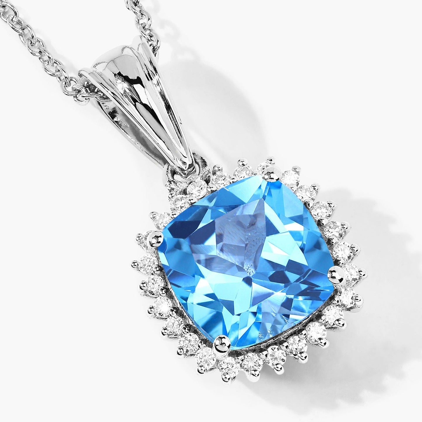 3.40 Ct Cushion Swiss Blue Topaz & Lab Diamond Prong Silver Halo Pendant Necklace