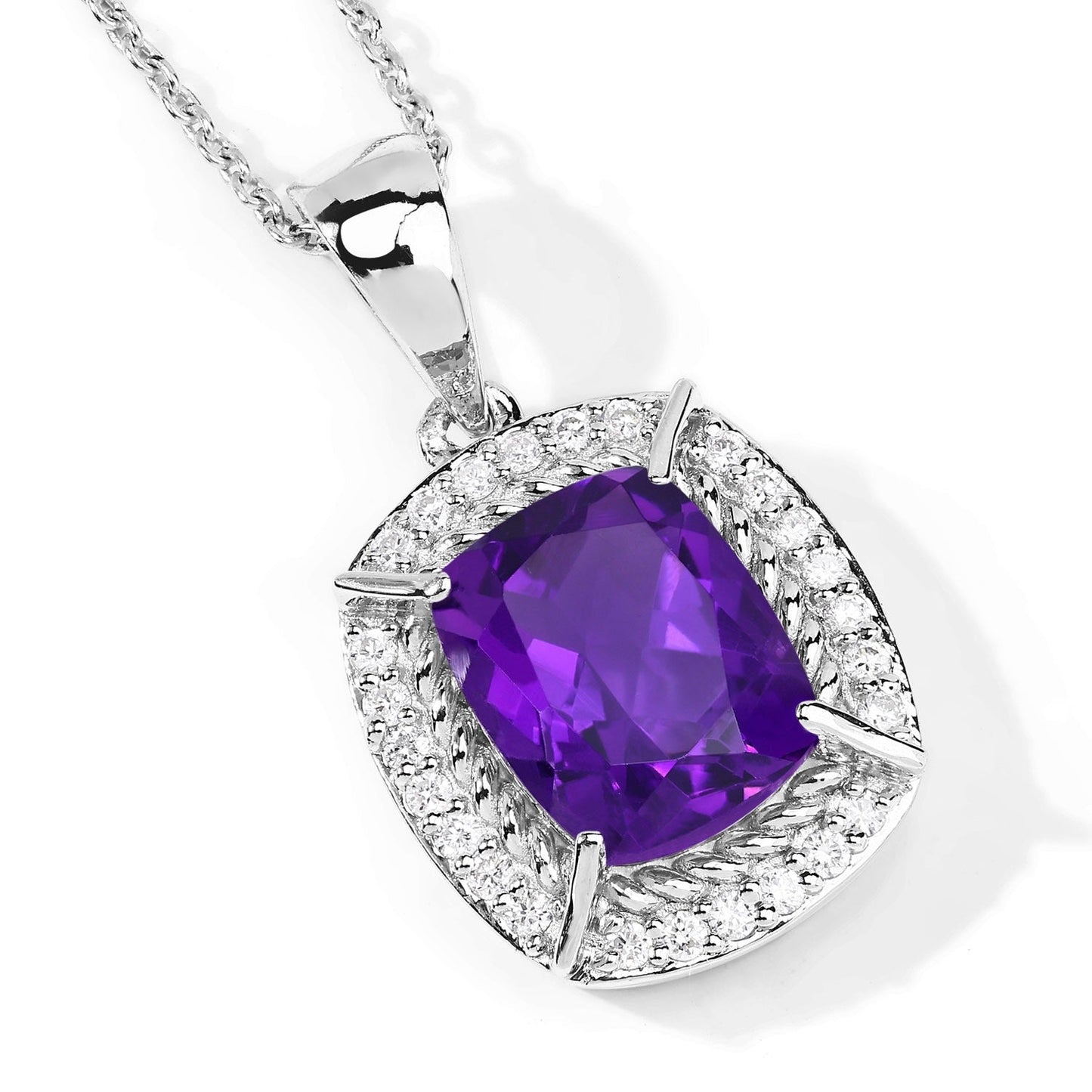 2.60 Ct Cushion Purple Amethyst & Lab Diamond Prong Silver Halo Pendant Necklace