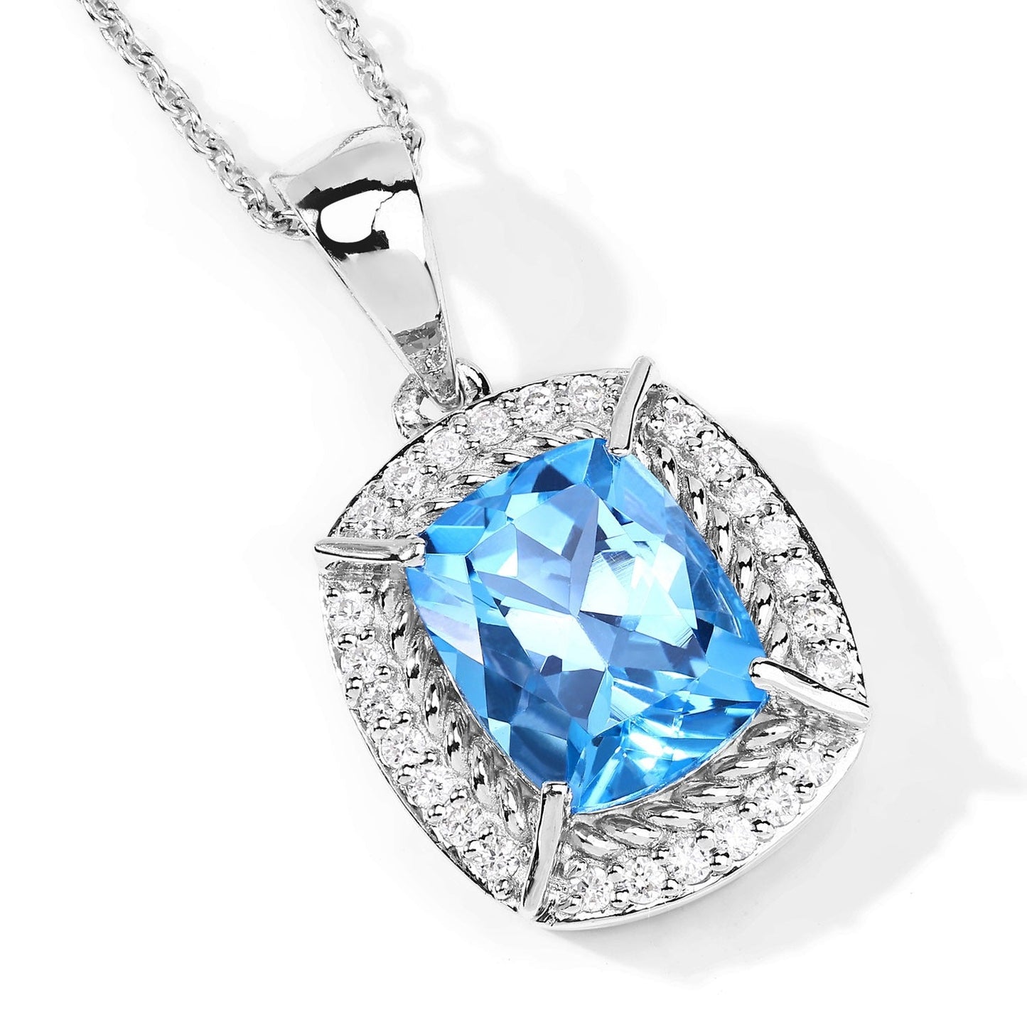 3.50 Ct Cushion Swiss Blue Topaz & Lab Diamond Prong Silver Halo Pendant Necklace