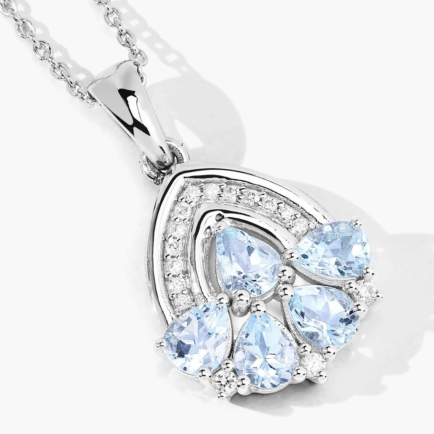 1.10 Ct Pear Blue Aquamarine & Lab Diamond Prong Silver Five Stone Pendant Necklace