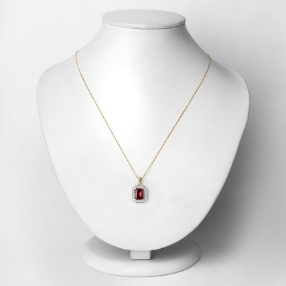 Red Genuine Rubellite and White Diamond 14K Yellow Gold Halo Pendant