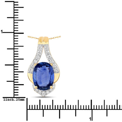 4.13 Ct Genuine Oval Ceylon Blue Sapphire and Diamond 18K Yellow Gold Statement Pendant