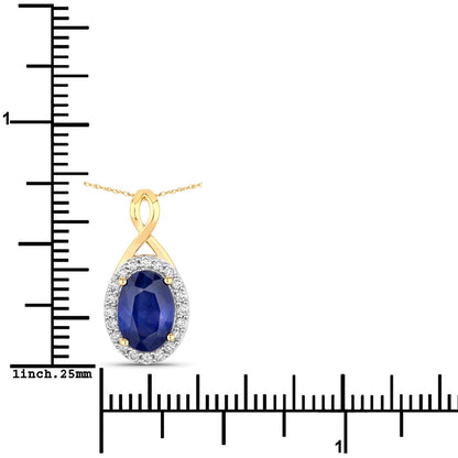 1.88 Ct Genuine Oval Ceylon Blue Sapphire and Diamond 18K Yellow Gold Crossover Pendant