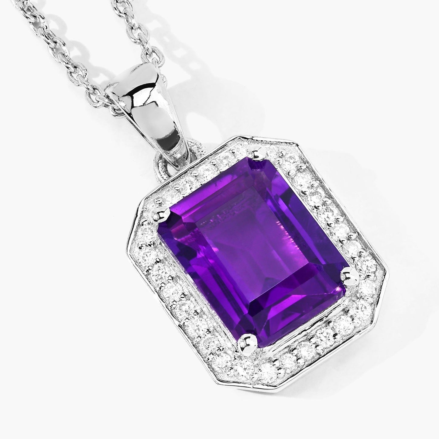 2.10 Ct Octagon Purple Amethyst & Lab Diamond Prong Silver Halo Pendant Necklace