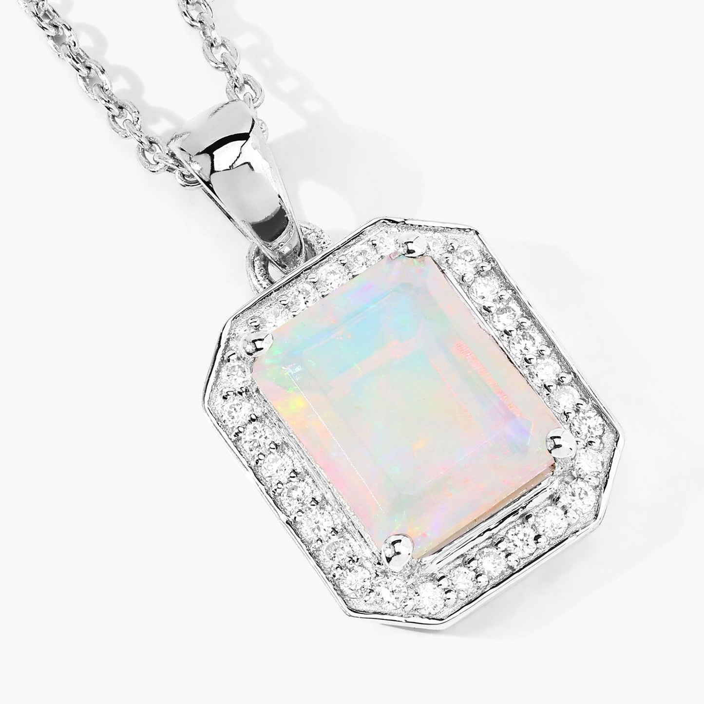 1.21 Ct Octagon White Ethiopian Opal & Lab Diamond Prong Silver Halo Pendant Necklace