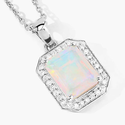 1.21 Ct Octagon White Ethiopian Opal & Lab Diamond Prong Silver Halo Pendant Necklace
