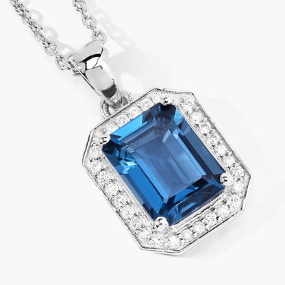 2.60 Ct Octagon London Blue Topaz & Lab Diamond Prong Silver Halo Pendant Necklace