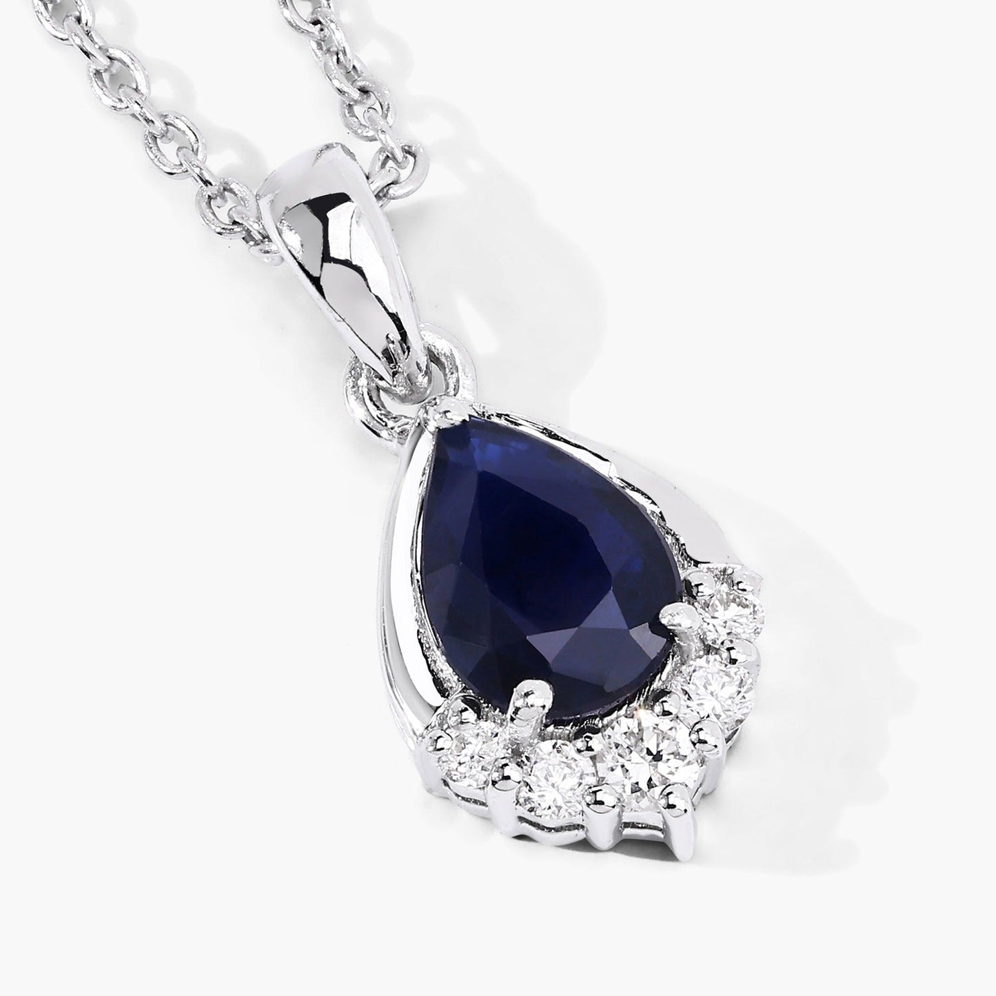 0.80 Ct Pear Blue Sapphire & Lab Diamond Prong Silver Teardrop Pendant Necklace