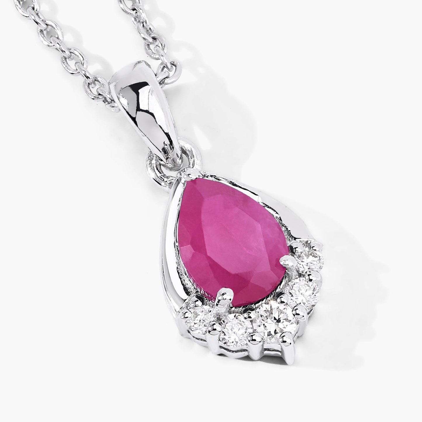 0.80 Ct Pear Pink Mozambique Ruby & Lab Diamond Prong Silver Teardrop Pendant Necklace