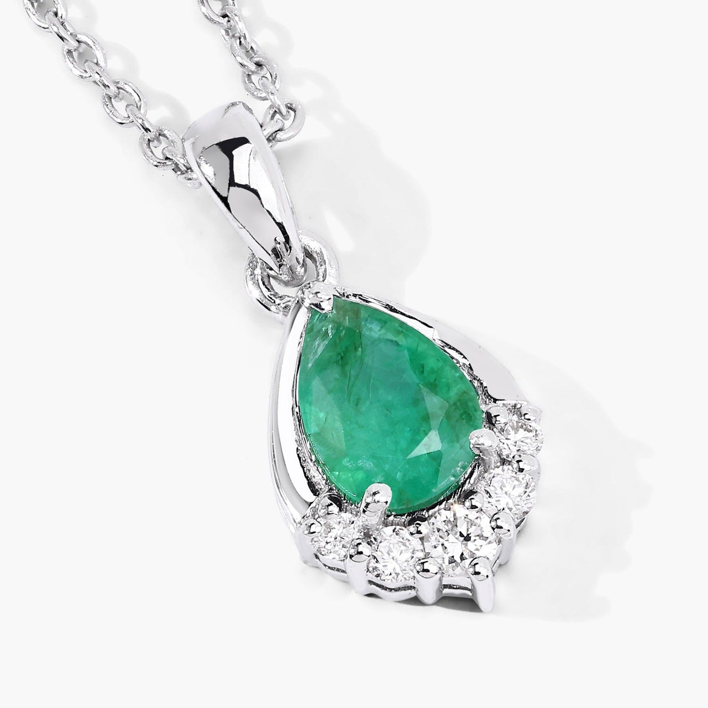 0.65 Ct Pear Green Zambian Emerald & Lab Diamond Prong Silver Teardrop Pendant Necklace