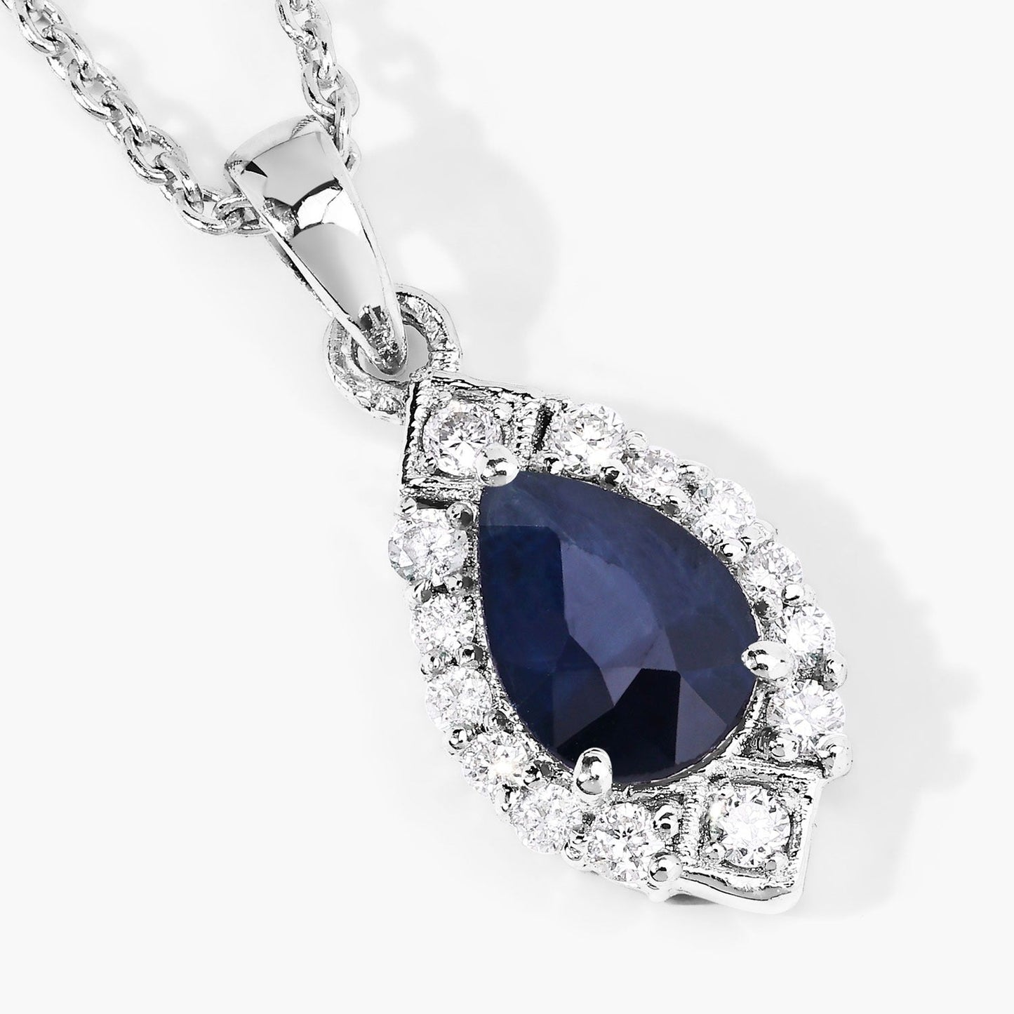 0.80 Ct Pear Blue Sapphire & Lab Diamond Prong Silver Teardrop Halo Pendant Necklace