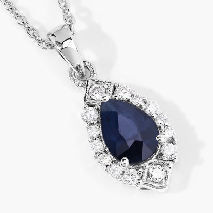 0.80 Ct Pear Blue Sapphire & Lab Diamond Prong Silver Teardrop Halo Pendant Necklace