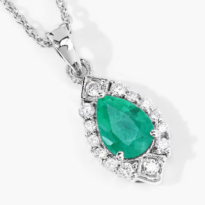 0.65 Ct Pear Green Zambian Emerald & Lab Diamond Prong Silver Teardrop Halo Pendant Necklace
