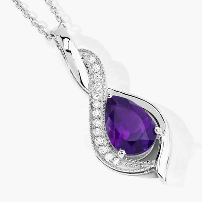 1.40 Ct Pear Purple Amethyst & Lab Diamond Prong Silver Teardrop Crossover Pendant Necklace