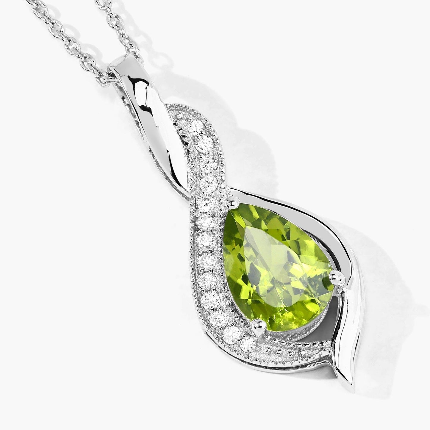 1.46 Ct Pear Green Peridot & Lab Diamond Prong Silver Teardrop Crossover Pendant Necklace