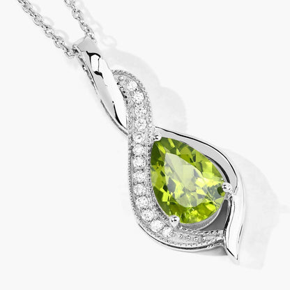 1.46 Ct Pear Green Peridot & Lab Diamond Prong Silver Teardrop Crossover Pendant Necklace