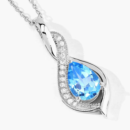 1.90 Ct Pear Swiss Blue Topaz & Lab Diamond Prong Silver Teardrop Crossover Pendant Necklace